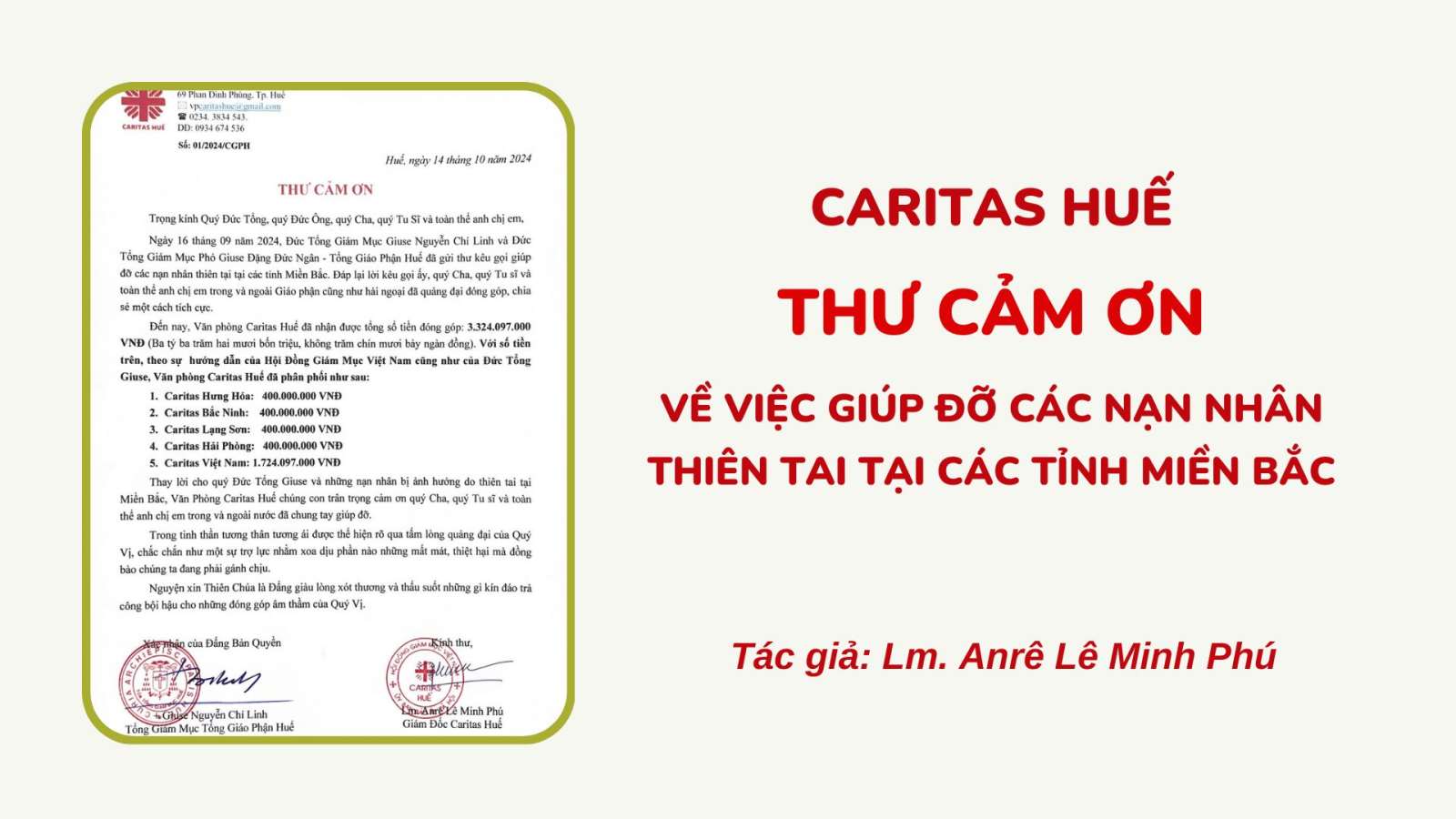 Caritas Huế_ Thư cảm ơn về việc giúp đỡ các nạn nhân thiên tai tại các tỉnh miền Bắc